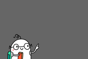 Hand drawn vector illustration with cute student in cartoon style with backpack pointing attention at wall