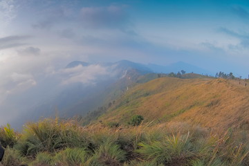Mountain view morning of the hill around with soft fog with cloudy sky background, Phu Chi Fa (Phu...