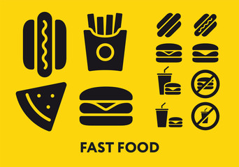 Fast Food Symbols. Hot Dog, French Fries, Burger, Cheeseburger, Hamburger, Milkshake, Soda, Pizza Slice. Forbidden Prohibited Signs. Vector Flat Shape Icon Set.