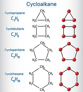 Chemical formula and molecule model cyclopropane C3H6, cyclobutane C4H8, cyclopentane C5H10, cyclohexane C6H12. Homologous series of cycloalkanes. Are monocyclic saturated hydrocarbons