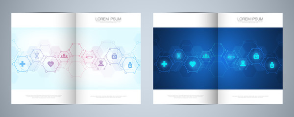 Template brochure or cover design, book, flyer, with medical icons and symbols. Healthcare, science and medicine technology concept.