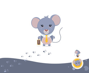 Mouse businessman (illustration) set. Different types: profile, full face, emotion of happiness and traces of paws. Flat cartoon character for baby cards. Rat - a symbol of 2020