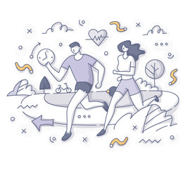 Healthy outdoor activity. Couple or friends, man and woman, run together around in park. Fitness, sport, exercising. Healthy lifestyle doodle concept