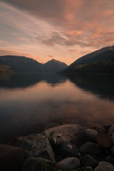 Golden hour sunset over Wallowa Lake in Eastern Oregon