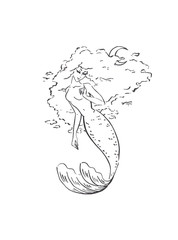 mermaid with clouds hair and young moon