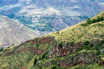 Hillside tombs at the biggest cemetery from Incan time, Pisac Inca Ruins in the Sacred Valley of the Incas, Cusco, Peru