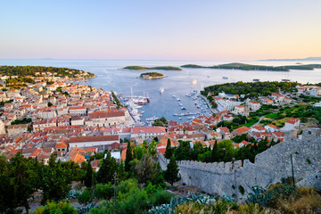 Beautiful view of evening harbor in Hvar town, Croatia