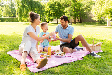 family, leisure and people concept - happy mother, father and little son having picnic at summer park - obrazy, fototapety, plakaty