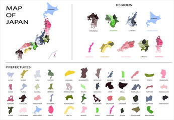 Japan map graphic vector - Separated isolated regions and prefecture provinces for design work or info graphic education and geography