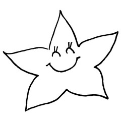 Big smiling star. Monochrome sketch, hand drawing. Black outline on white background. Vector illustration