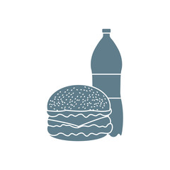 Burger and bottle of soda water.