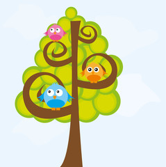 cute birds and tree cartoon over sky background vector