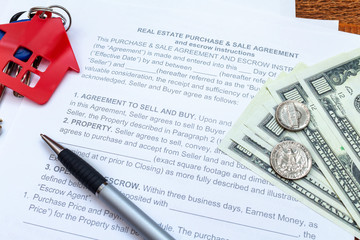 House, home, property, real estate purchase buying sale contract agreement pen money coins keys wooden background, expenses, buying, investment, finance, savings, concept close up selective focus