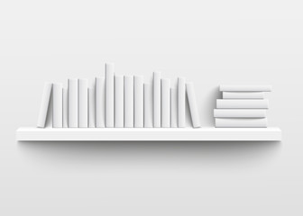 White book shelf mockup on the wall, 3d realistic design of minimalist bookshelf with blank hard cover books
