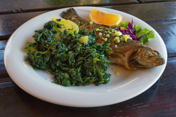Balkan cuisine. Grilled fish ( trout  ) with leafy green vegetables. Dark rustic background
