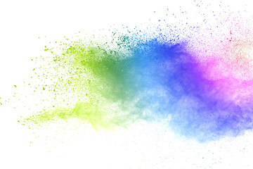 Freeze motion of colorful color powder exploding on white background.  Paint Holi.