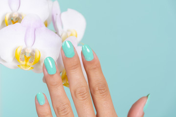 Young girl hand with a turquoise color manicure on nails and light lilac orchids flower isolated on soft blue background in studio. Manicure and beauty concept. Close up, selective focus
