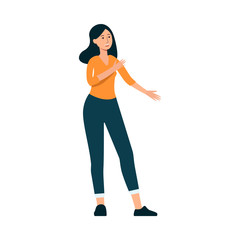 Young girl or woman speaks or leads a dialog flat vector illustration isolated.