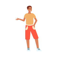 Young guy or man speaks or leads a dialog flat vector illustration isolated.