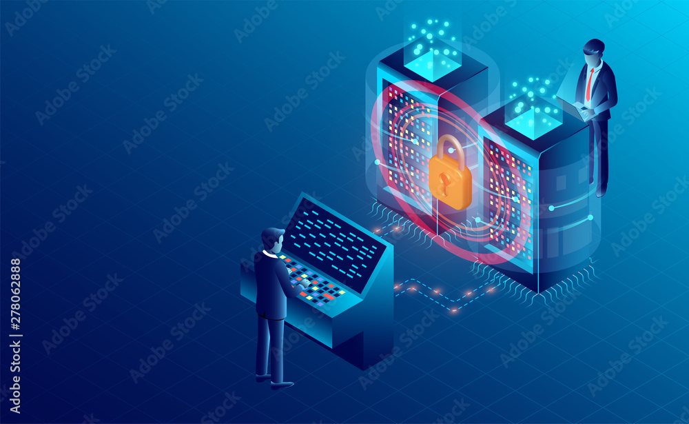 Poster data security concept. data processing protecting. digital information. flat isometric vector illust