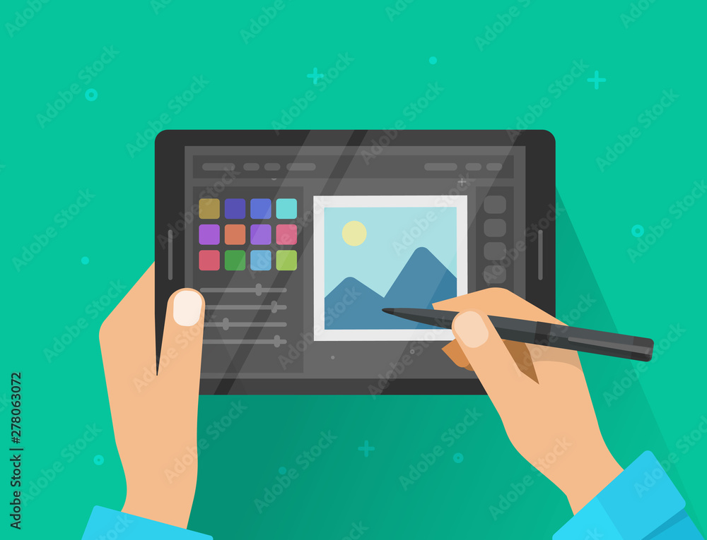 Wall mural photo or graphic editor on tablet vector illustration, flat cartoon graphics tablet screen with desi