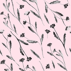 Black little flowers, watercolor painting - hand drawn seamless pattern with blossom on pink background