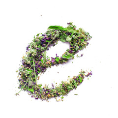 Letter E english alphabet Herbal tea from dried up