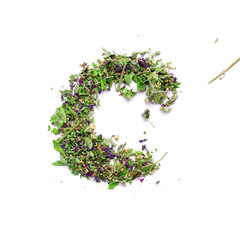Letter C english alphabet Herbal tea from dried up