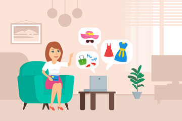 woman with laptop choose a clothes at home . internet online shopping concept
