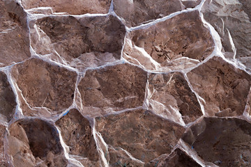 Detail of a stone wall with different size of rocks.