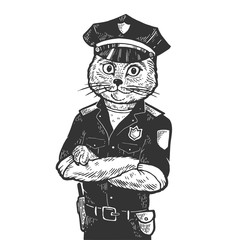 Cat policeman sketch engraving vector illustration. Scratch board style imitation. Black and white hand drawn image.