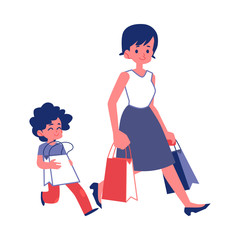 Polite child with good manners helping a woman flat vector isolated on white.