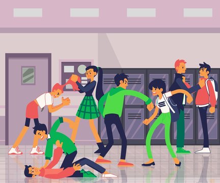 Banner with aggressive teenagers bullying and fighting flat vector illustration.