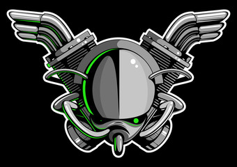 Robot head with green eyes and motorcycle engines on black background.
