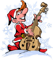 Cartoon style christmas gnome, playing on double bass, with snowflakes on background.