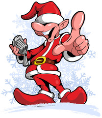 Cartoon style singing christmas gnome with snowflakes on background. 