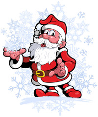 Cartoon style Santa with snowflakes on background.