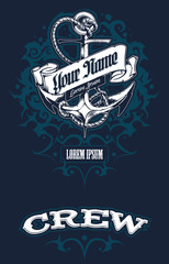 Obraz premium Anchor with ornaments, sailing boat crew t-shirt front and back design.