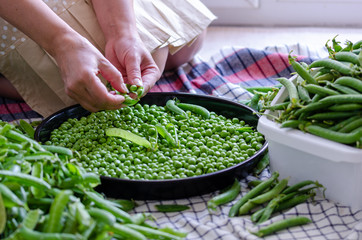 The woman is removing  from a pea pod with her fingers and putting them in a black tray on a floor