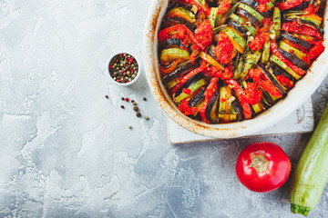 Vegetable ratatouille in ceramic frying pan