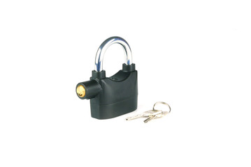 The alarm siren padlock with keys isolated on white background.