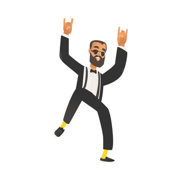 Happy dancing groomsman, man in suit with beard, tuxedo in flat cartoon style.