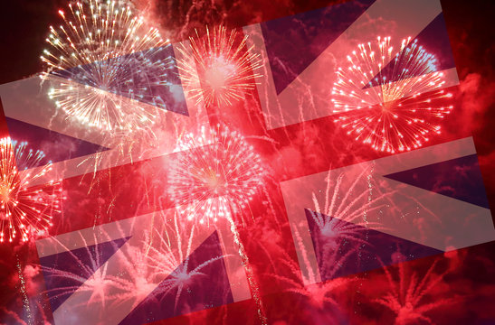 fireworks background on celebration night with Great Britain flag.