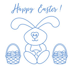 Easter rabbit and two baskets of decorated eggs.