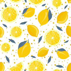 Zitronenfrüchte und nahtloses Muster der Scheibe mit grauen Blättern und Funkeln auf weißem Hintergrund. Zitrusfrüchte-Vektor-Illustration.
