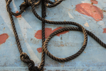 sailing rope with knots  on the old boat