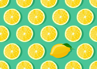 Lemon fruits slice seamless pattern on green background with shadow. Citrus fruits vector illustration.