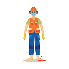 Male construction worker standing with industrial nail in foot cartoon style