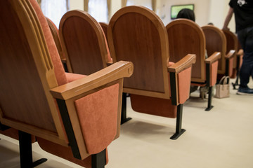 Session of Government. Conference room or seminar meeting room in business event. Academic classroom training course in lecture hall. blurred businessmen talking. modern bright office indoor