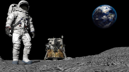 3D rendering. Astronaut walking on the moon. CG Animation. Elements of this image furnished by NASA.